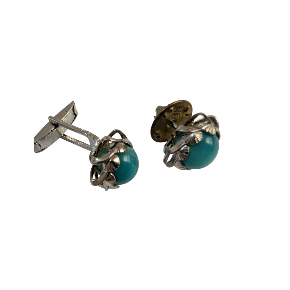 Vintage Faux Turquoise Cufflink and Tie Tack Set Silver Tone Floral Mid Century